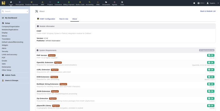 Module About page with system requirements table showing all green checkmarks