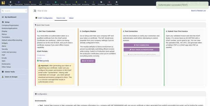 Green success banners after running Test Connection and Test Token Authentication