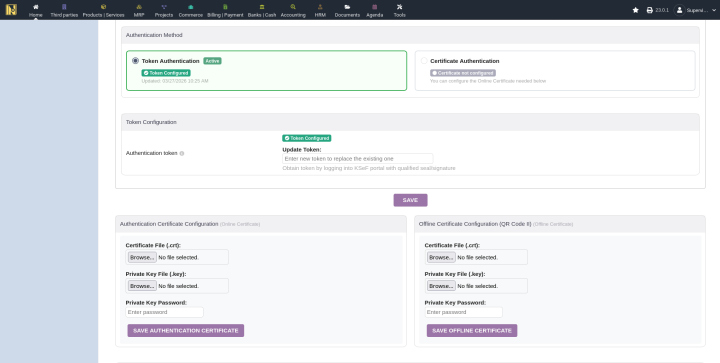 Authentication method section showing Token selected with green Active badge and Certificate card alongside