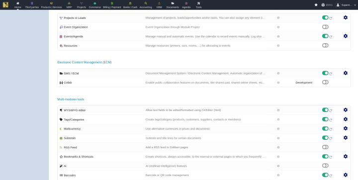 Dolibarr modules page with Barcode and Multicurrency modules enabled