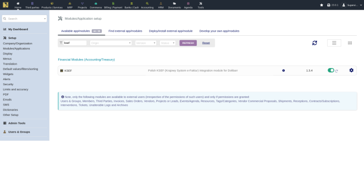 Dolibarr module list showing KSEF Integration module enabled