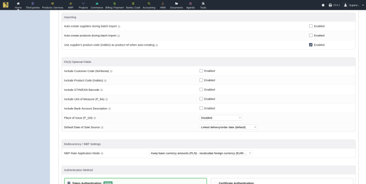 Import settings showing auto-create suppliers, auto-create products, and supplier product code checkboxes