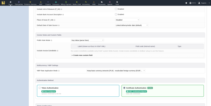 Invoice Notes and Custom Fields section showing note mode dropdown, custom fields list with pencil and trash icons, and Create new custom field button