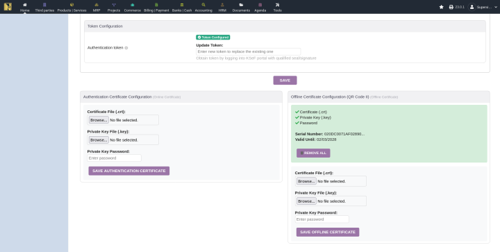 Offline certificate configuration with green checkmarks for certificate, key, and password, showing validity dat