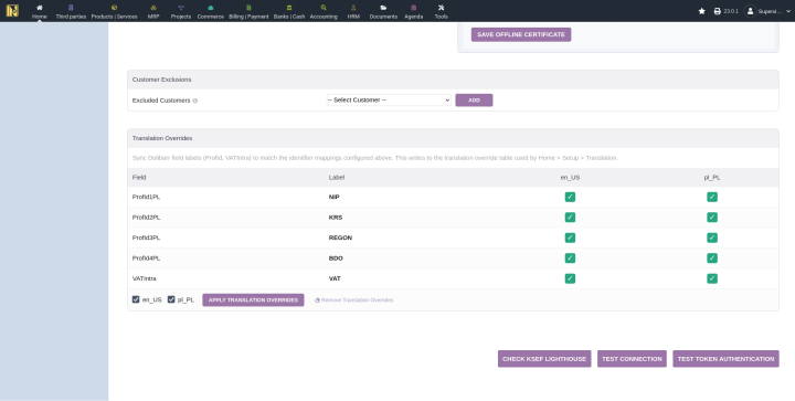 Translation overrides table with NIP, KRS, REGON, BDO field labels and green checkmarks