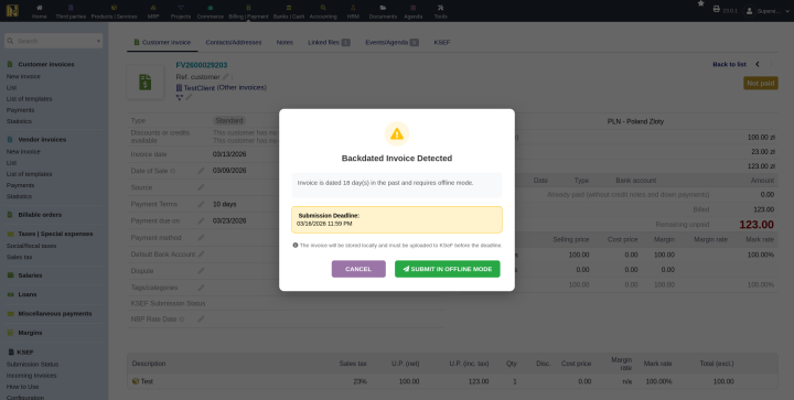 Confirmation dialog for a backdated invoice showing days behind count and offline deadline