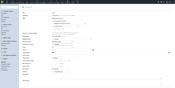 Dolibarr new invoice form showing the Default Bank Account dropdown set to TestBank