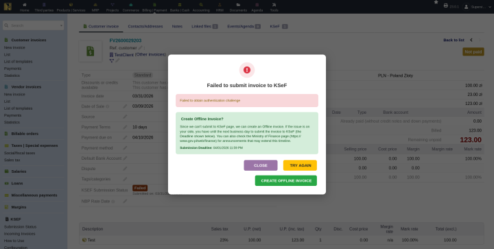 Submission failure dialog showing error details with Close, Try Again, and Create Offline Invoice buttons