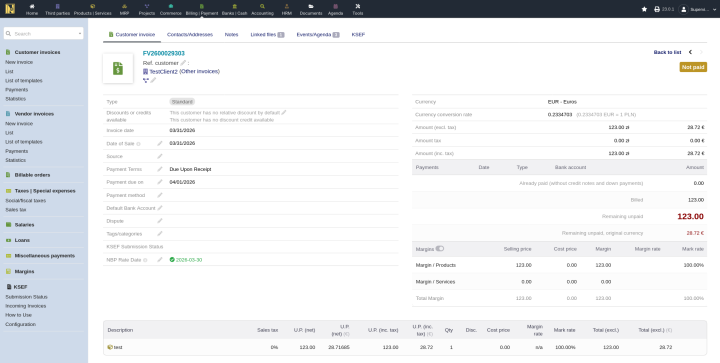EUR invoice showing fetched NBP exchange rate with green checkmark and rate date