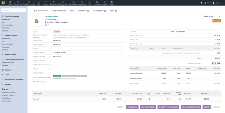 Invoice page with green Accepted status badge, clickable KSeF number in blue, and disabled Modify button