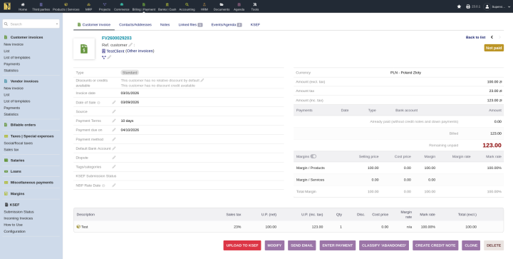 Validated Dolibarr invoice showing the Date of Sale extrafield and the red Upload to KSeF button