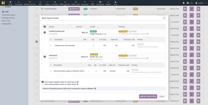 Batch import preview showing auto-create toggles, invoice rows with checkboxes, and expanded per-line matching detail