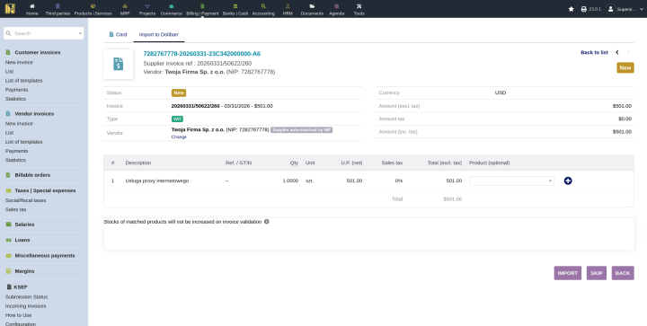 Individual import page with a matched supplier pre-selected, line items showing matched and unmatched products
