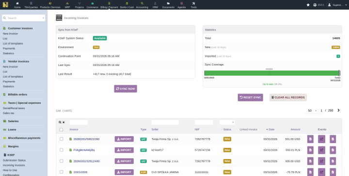 Incoming invoices list page showing the Synchronize button and a list of synced invoices with status badges