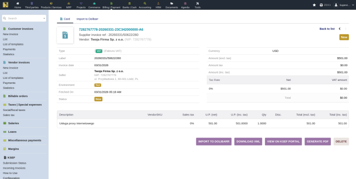 Incoming invoice card showing seller info, invoice dates, payment status, VAT summary table, and line items