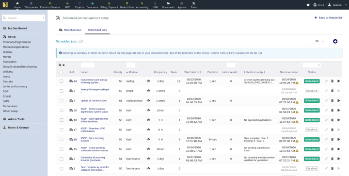 Dolibarr Scheduled Jobs page showing KSeF cron jobs with frequency and last execution time