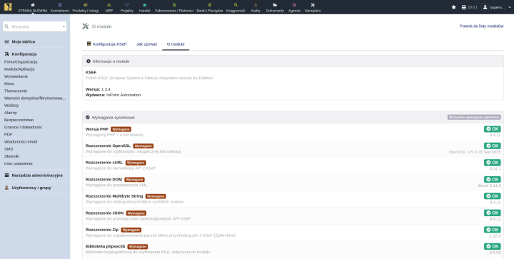 Strona 'O module' z tabelą wymagań systemowych ze wszystkimi zielonymi znacznikami