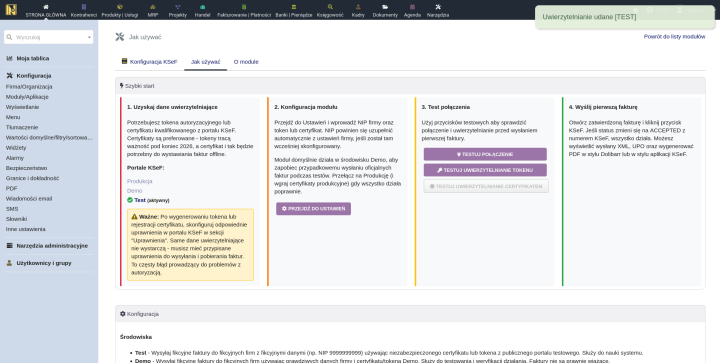 Zielone banery sukcesu po uruchomieniu testu połączenia i testu uwierzytelniania tokenem