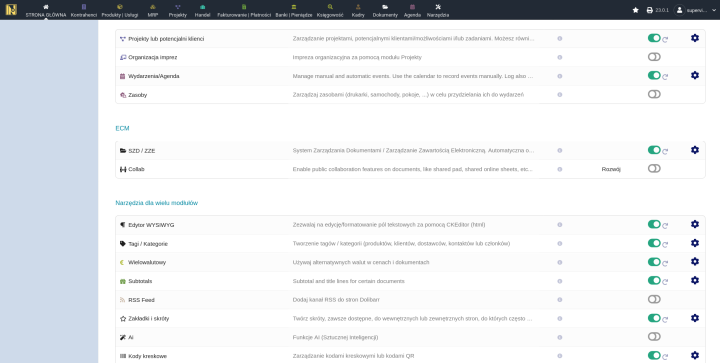 Strona modułów Dolibarr z włączonymi modułami Kody kreskowe i Wielowalutowość