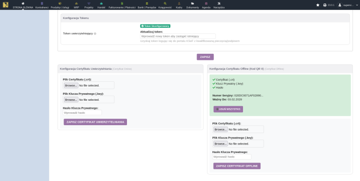 Konfiguracja certyfikatu offline z zielonymi znacznikami dla certyfikatu, klucza i hasła, z datą ważności