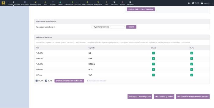 Tabela nadpisań tłumaczeń z etykietami pól NIP, KRS, REGON, BDO i zielonymi znacznikami