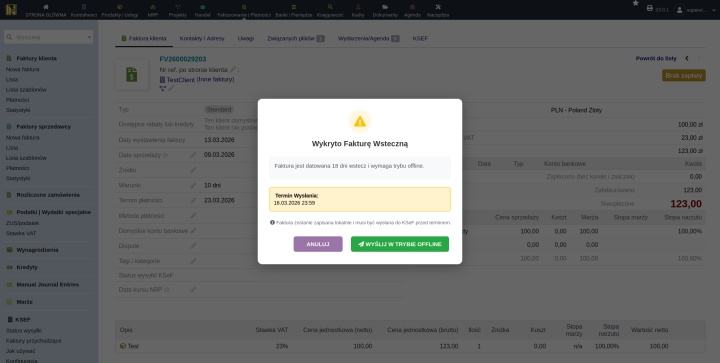 Okno potwierdzenia dla faktury z datą wsteczną pokazujące liczbę dni opóźnienia i termin wysyłki offline