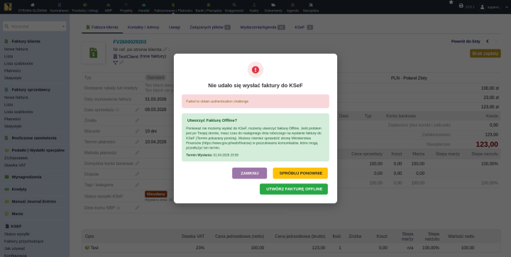 Okno niepowodzenia wysyłki z opisem błędu i przyciskami Zamknij, Spróbuj ponownie i Utwórz fakturę offline