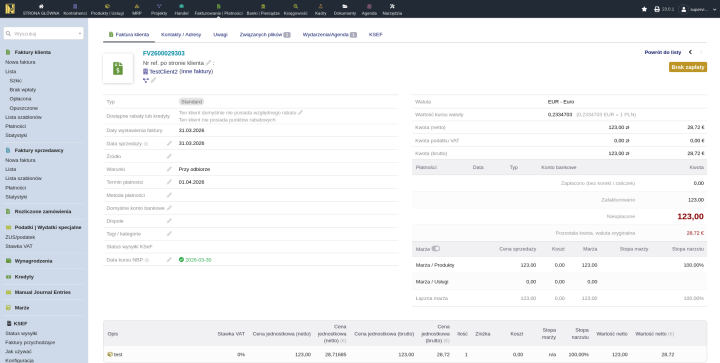 Faktura EUR z pobranym kursem NBP, zielonym znacznikiem i datą kursu