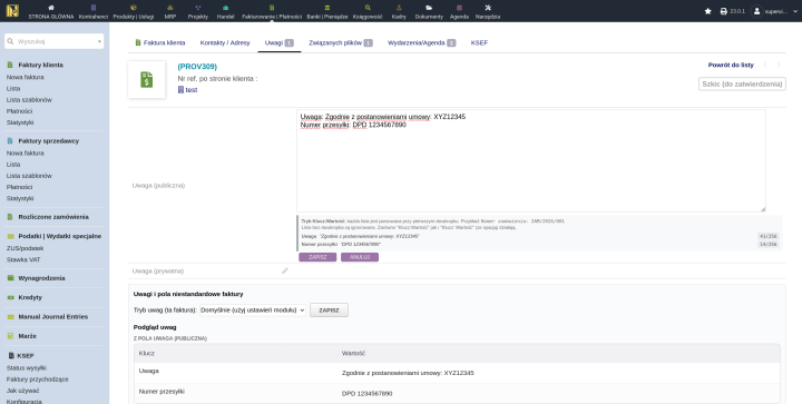 Zakładka Notatki faktury z polem tekstowym notatki publicznej, panelem pomocniczym pokazującym aktualny tryb i podział znaków oraz panelem podglądu z wpisami pogrupowanymi według źródła