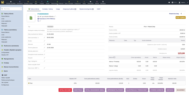 Zwalidowana faktura Dolibarr z polem Data sprzedaży i czerwonym przyciskiem Wyślij do KSeF