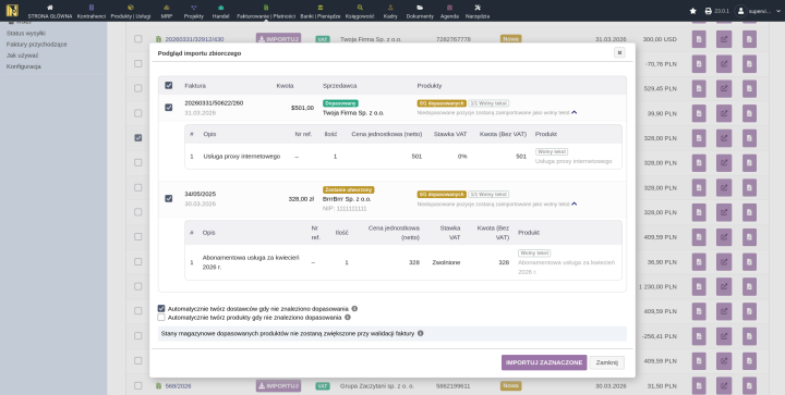 Podgląd importu zbiorczego z przełącznikami auto-tworzenia, wierszami faktur z polami wyboru i rozwiniętymi szczegółami dopasowania pozycji