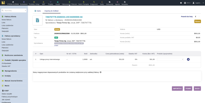 Strona importu indywidualnego z wstępnie wybranym dopasowanym dostawcą, pozycjami z dopasowanymi i niedopasowanymi produktami
