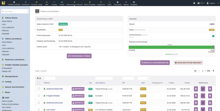 Lista faktur przychodzących z przyciskiem Synchronizuj i listą zsynchronizowanych faktur ze znacznikami statusu