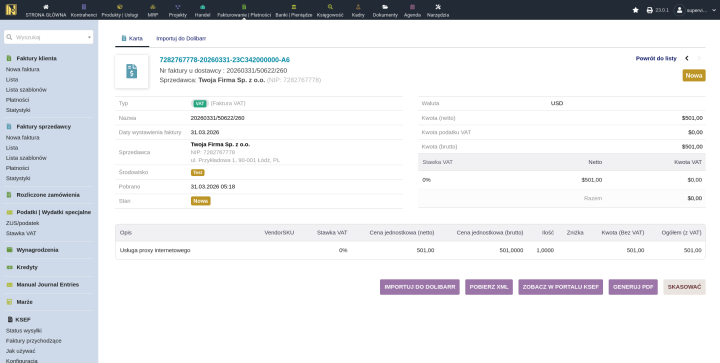 Karta faktury przychodzącej z informacjami o sprzedawcy, datami, statusem płatności, tabelą VAT i pozycjami