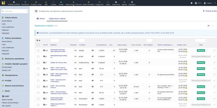 Strona Zaplanowanych zadań Dolibarr z zadaniami cron KSeF, częstotliwością i czasem ostatniego wykonania