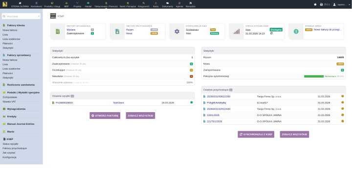 Strona indeksowa modułu z boxami informacyjnymi, alertami Wymaga uwagi, statystykami ze wskaźnikiem sukcesu i tabelą ostatnich wysyłek